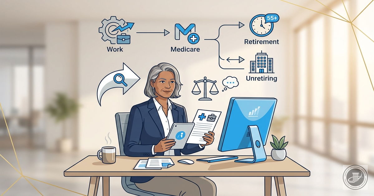 A professional illustration of a mature adult in a blue blazer reviewing a document with a medical icon and a briefcase icon 