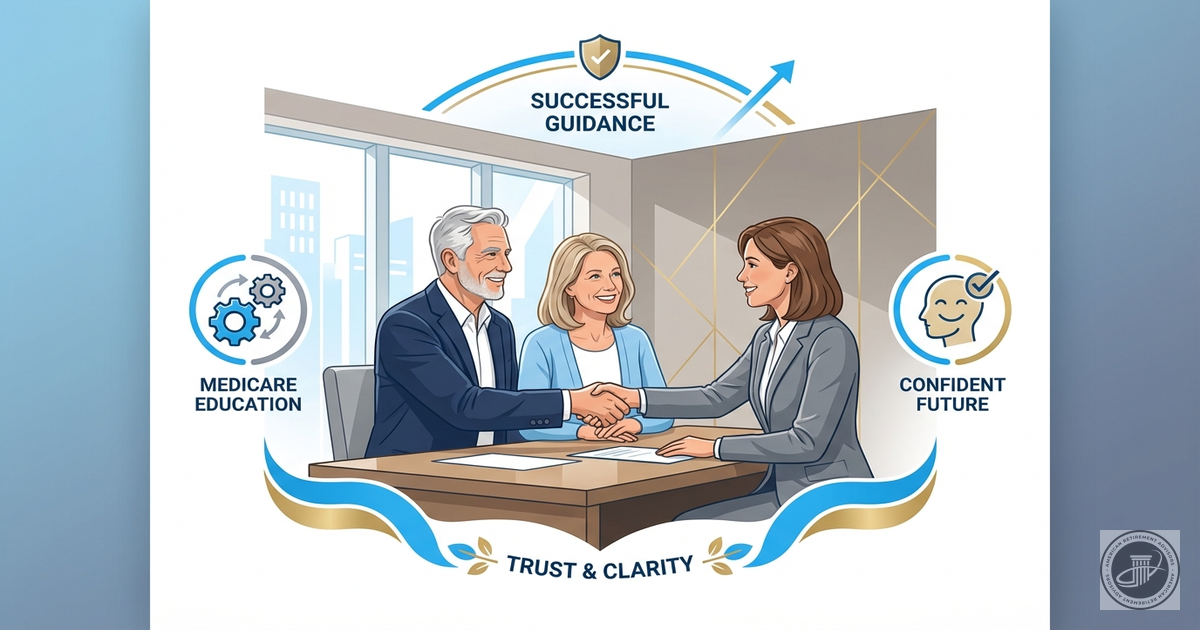 A clean infographic illustration showing a happy mature couple shaking hands with a professional advisor in a modern, warm-li