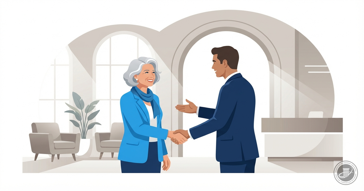 Illustrated infographic of a professional advisor welcoming a mature client with a handshake in a modern office lobby.