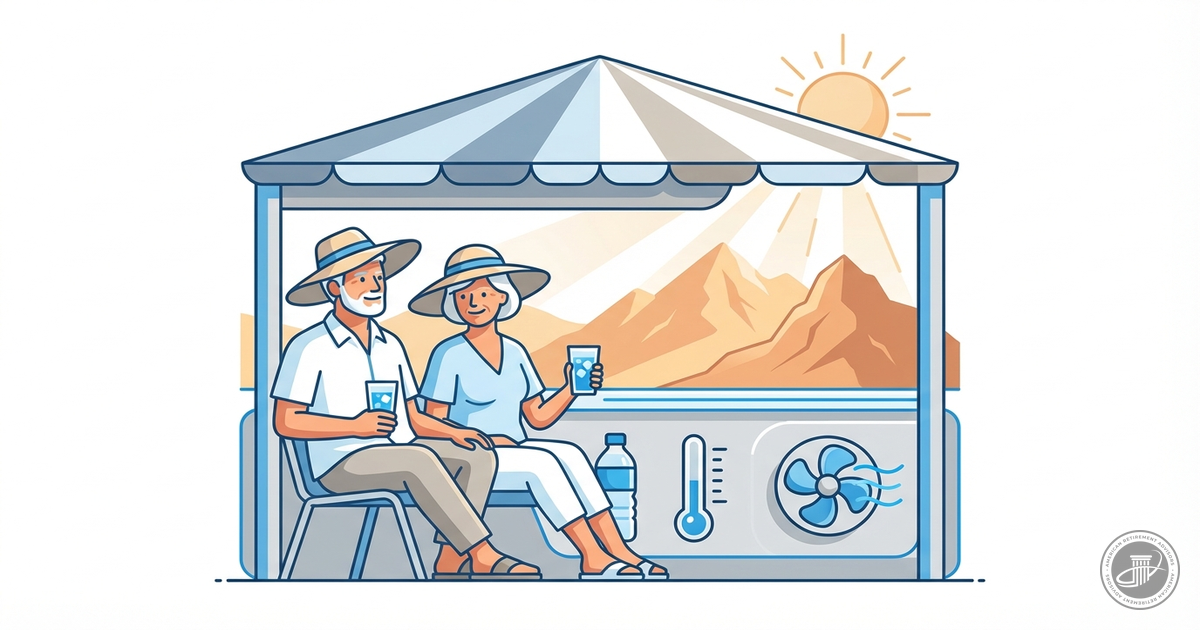 Illustrated infographic of a mature couple in hats under shade with water, against desert mountains.