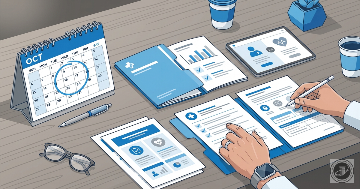 A clean infographic illustration showing mature hands reviewing stylized Medicare documents and a calendar highlighting Octob
