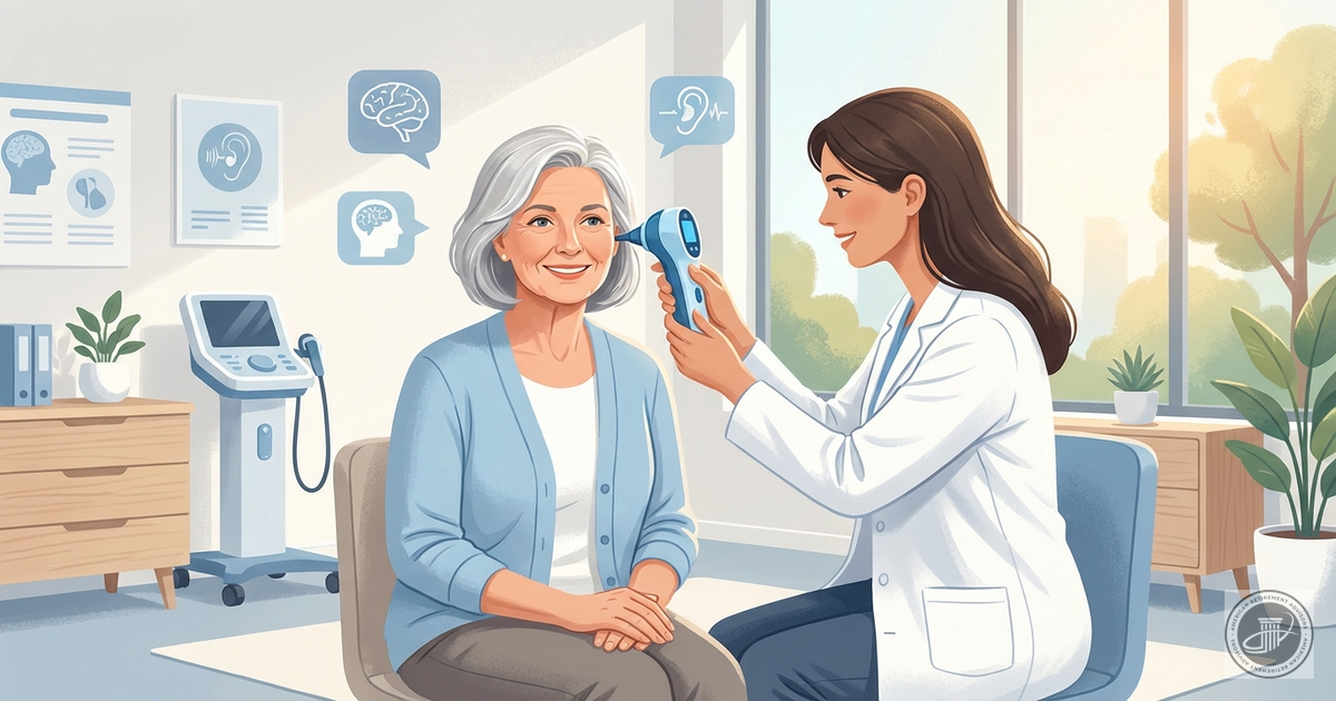 A warm illustration of a mature woman having a hearing checkup with a healthcare provider in a modern clinic.