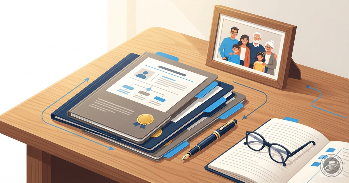 An infographic illustration of estate planning documents on a desk with a pen, glasses, and a family photo.