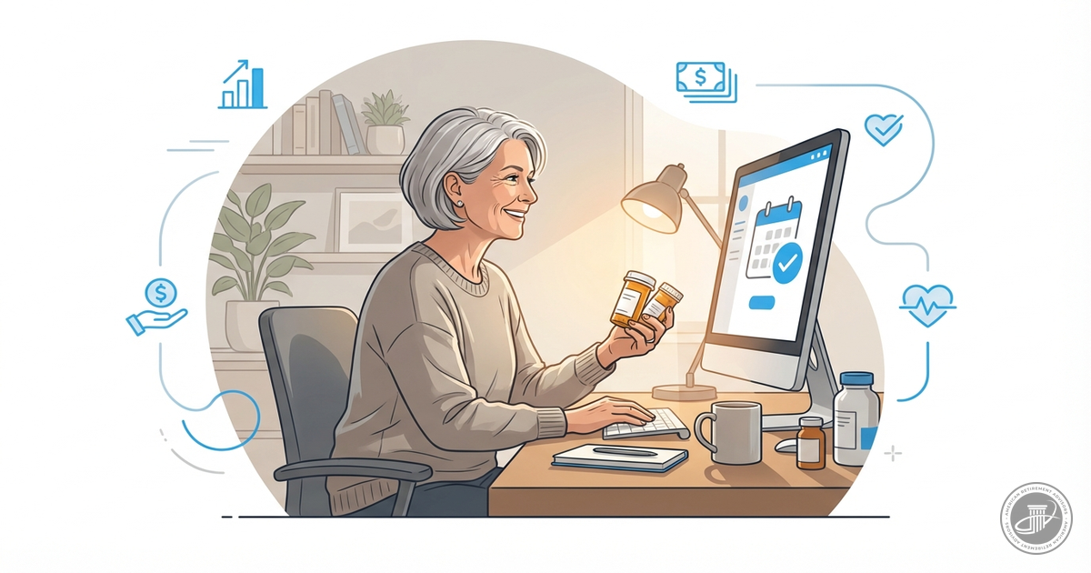 Illustrated infographic of a smiling mature woman at a computer with prescription bottles, in a warm home office.