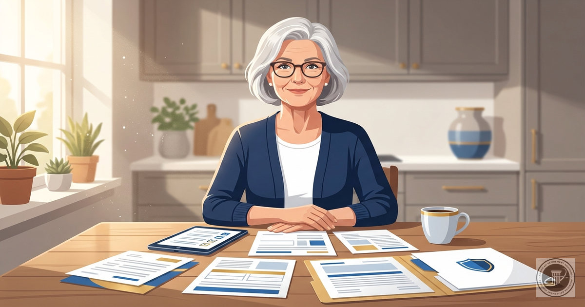 An illustration of a mature woman confidently reviewing Medicare documents at a sunlit kitchen table with blue and gold accen