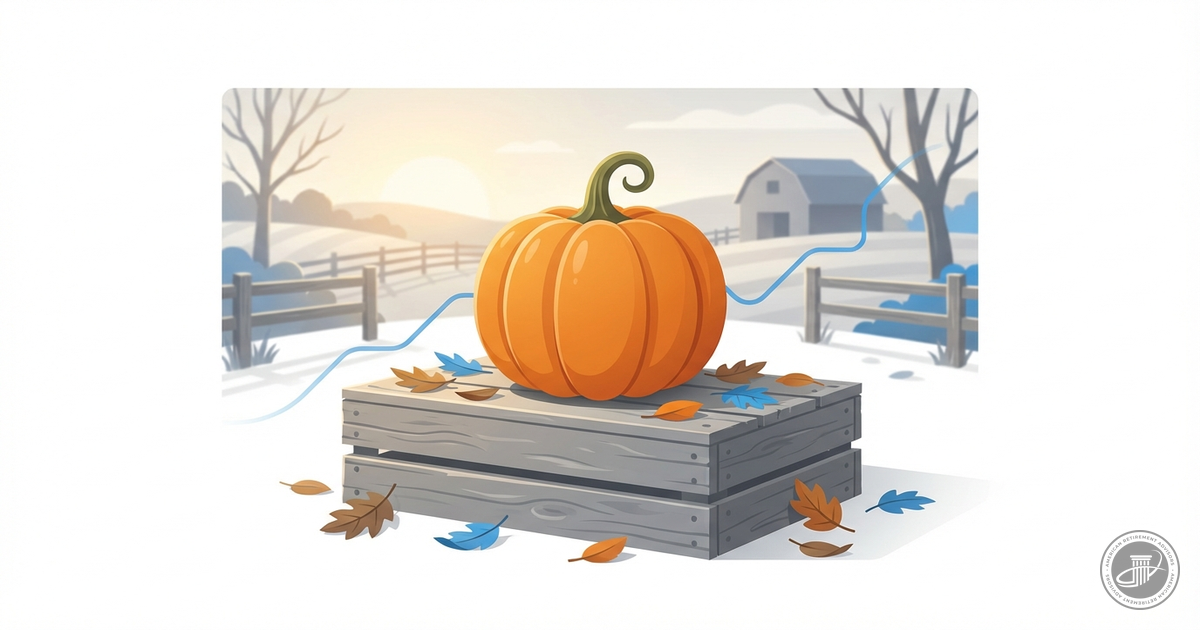 Illustration of a pumpkin on a rustic crate with autumn leaves in a farm setting.
