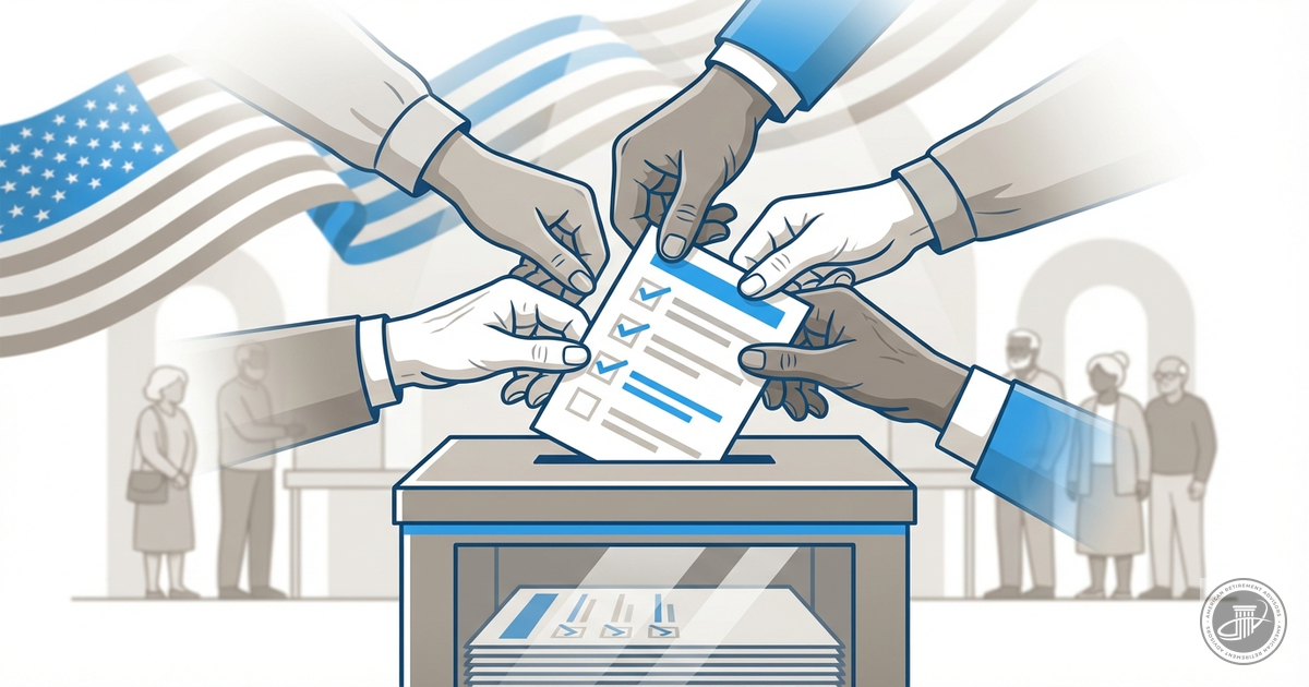 Infographic illustration shows diverse mature adult hands placing a ballot into a voting box, set against a stylized polling 