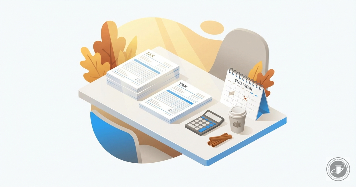 Isometric 3D illustration of organized tax documents, calculator, and coins on a desk in warm autumn light.