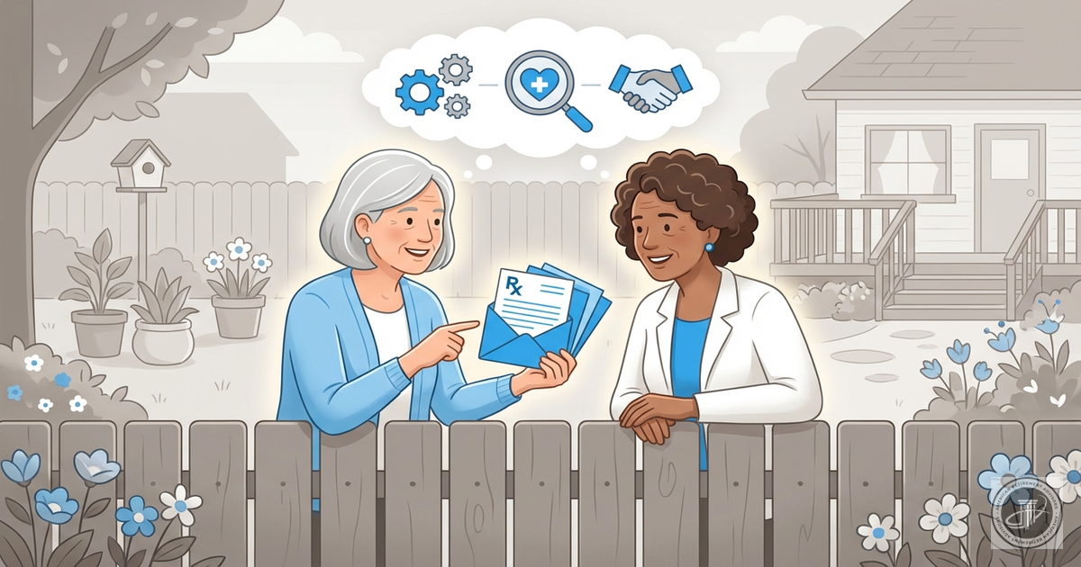 An illustration of two smiling women in a garden, one holding a blue envelope, talking over a fence, symbolizing trusted Medi