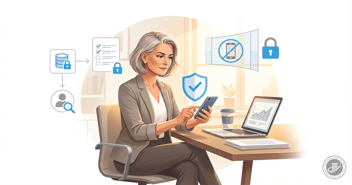Mature woman in a home office, looking at her phone with a confident, guarded expression, surrounded by infographic elements 