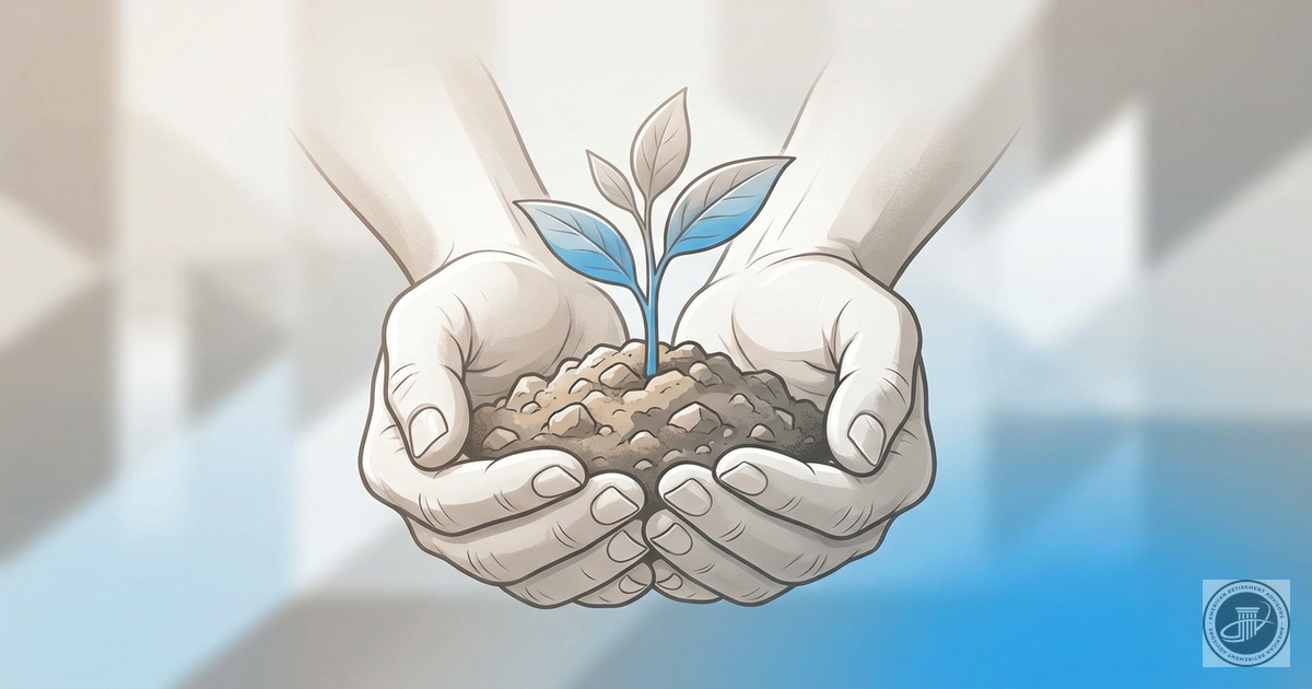 Clean infographic illustration of mature hands holding a small plant growing from rocky soil with a soft blue glow.