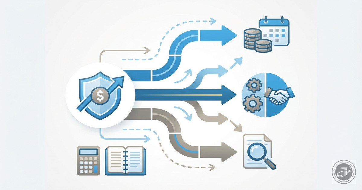 Infographic illustration showing stylized pathways and icons representing multiple pension strategies leading to a central re
