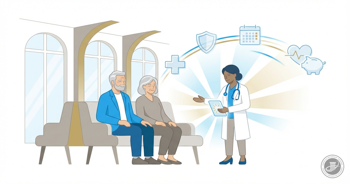 An infographic illustration shows a mature couple with relieved expressions speaking with a healthcare professional in a hosp