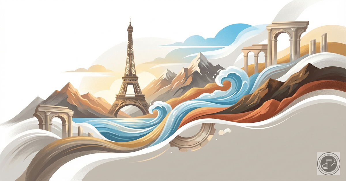 A clean illustration collage of the Eiffel Tower, mountains, waves, and ancient architecture blended together in warm golden 
