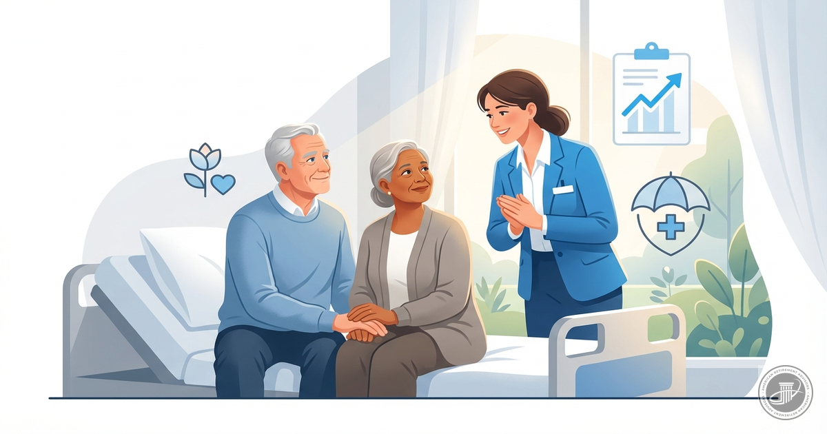 Illustrative hospital scene with older couple, healthcare professional, and hopeful mood.
