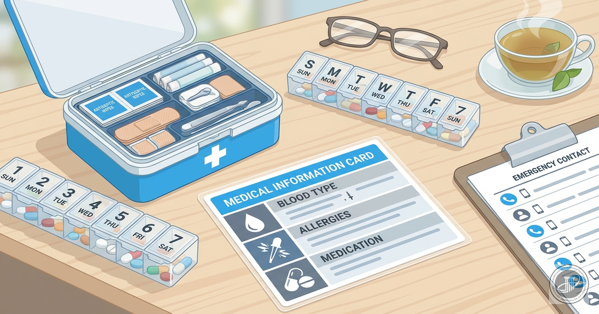 A professional infographic illustration showing a well-organized medical emergency kit, pill organizers, and information card