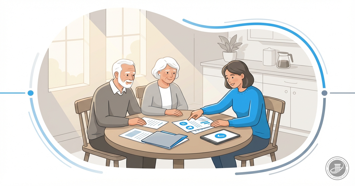 A warm, professional infographic illustration of three generations at a kitchen table, with an adult daughter helping her eld