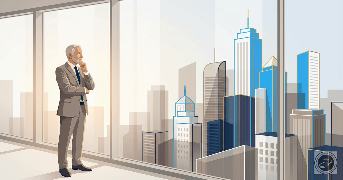 A thoughtful mature businessman stands at a window looking at a layered cityscape illustration, representing diverse perspect
