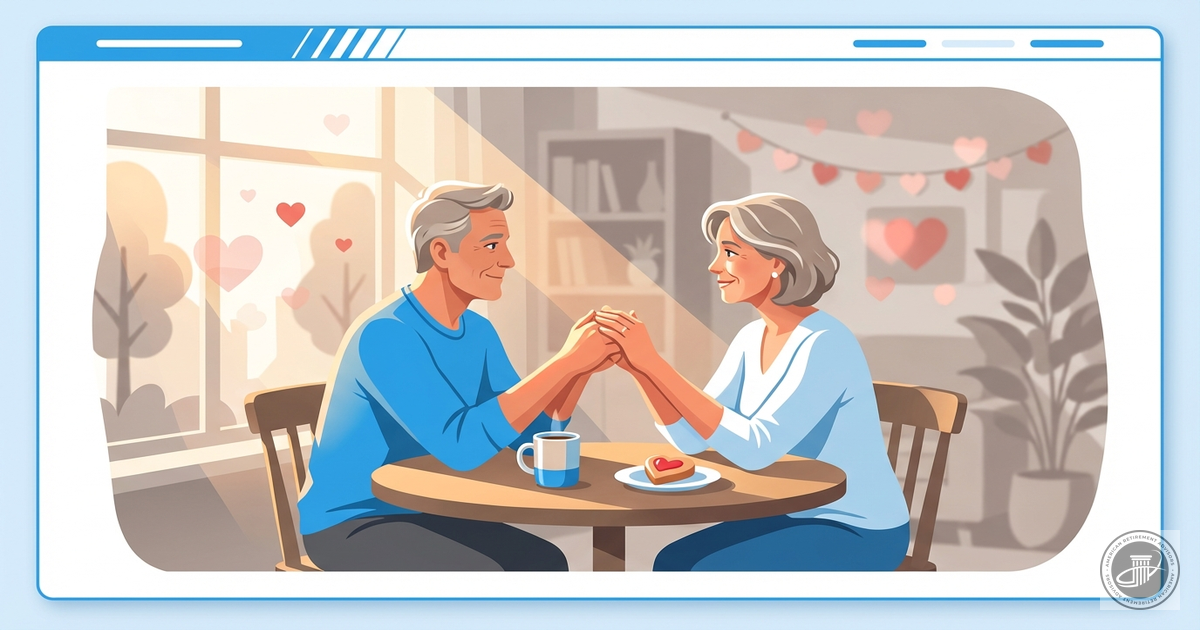 A warm, illustrated scene of a mature couple holding hands and sharing coffee by a window with soft heart decorations and gol