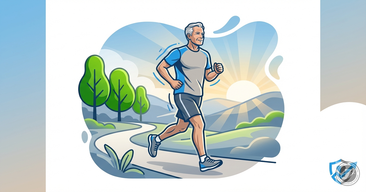 A clean illustration shows a mature man jogging at sunrise in a scenic park with blue and green tones.
