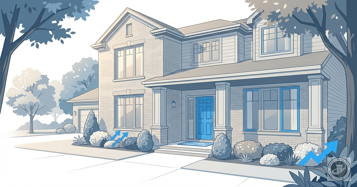 A stylized infographic illustration of a stable suburban home front entrance with a 'Home Sweet Home' welcome mat, rendered i