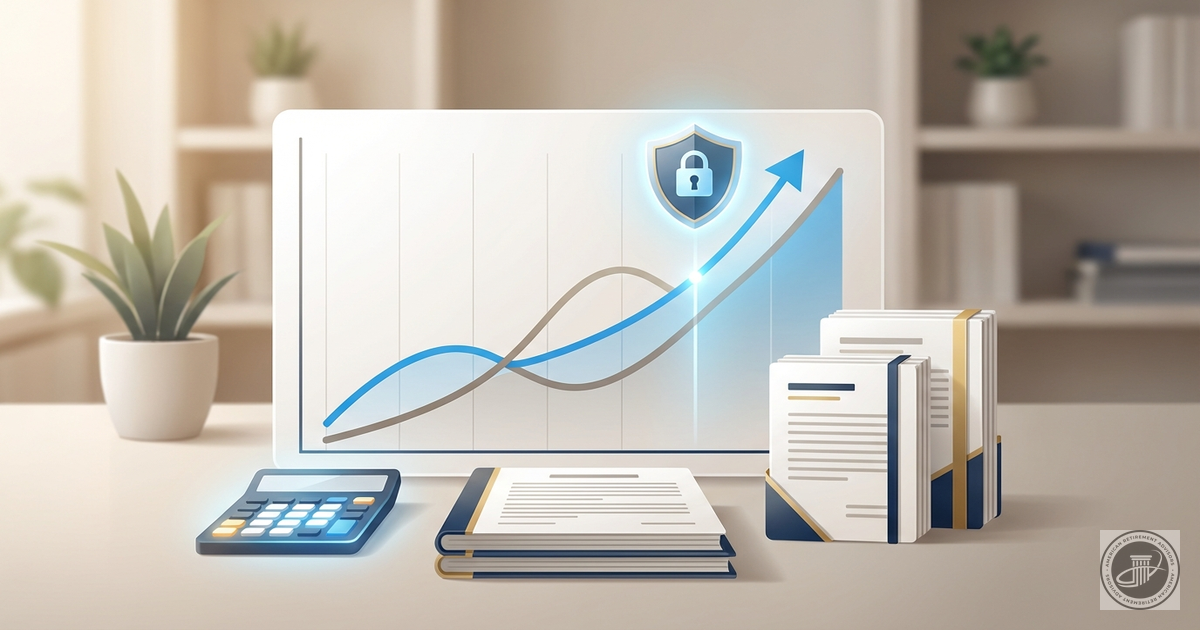Infographic illustration of an upward financial trend chart, a calculator, and retirement documents in a warm-lit office, sym