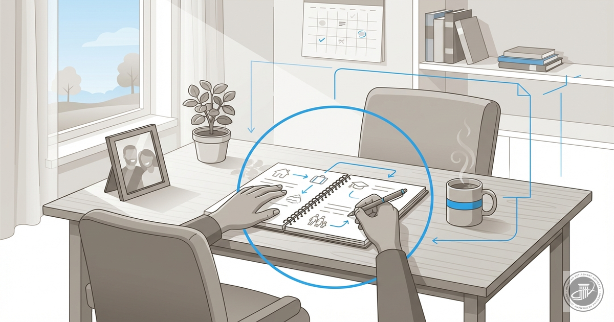 Illustrated hands write in a notebook on a cozy, well-lit home office desk with a coffee cup and soft natural light.