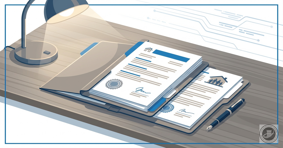 Illustration of estate planning documents and a fountain pen on a wooden desk, conveying retirement security.