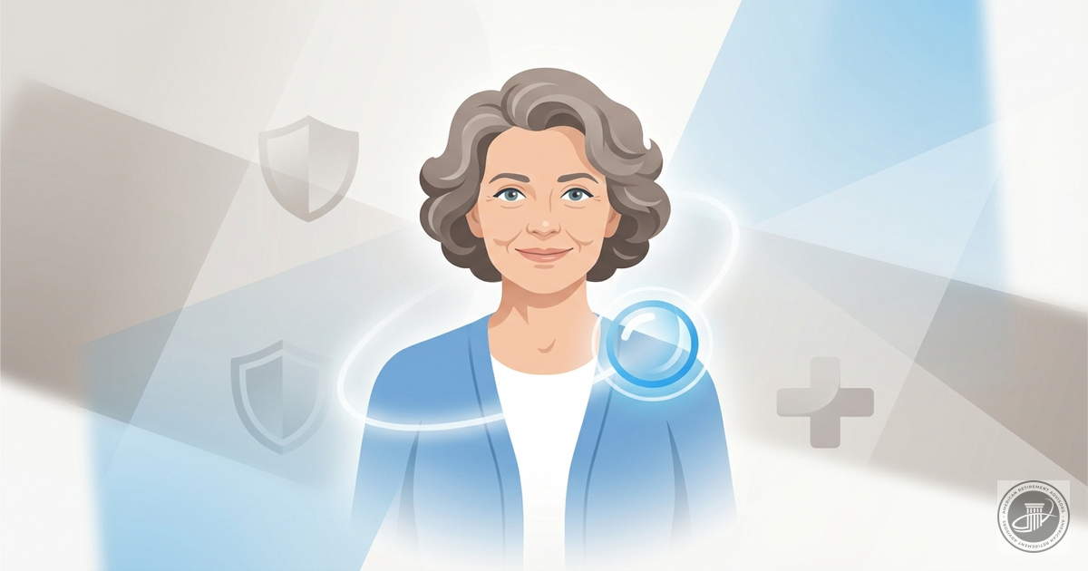 Illustration of a mature woman with a gentle smile and clear eyes, symbolizing renewed vision after cataract surgery.