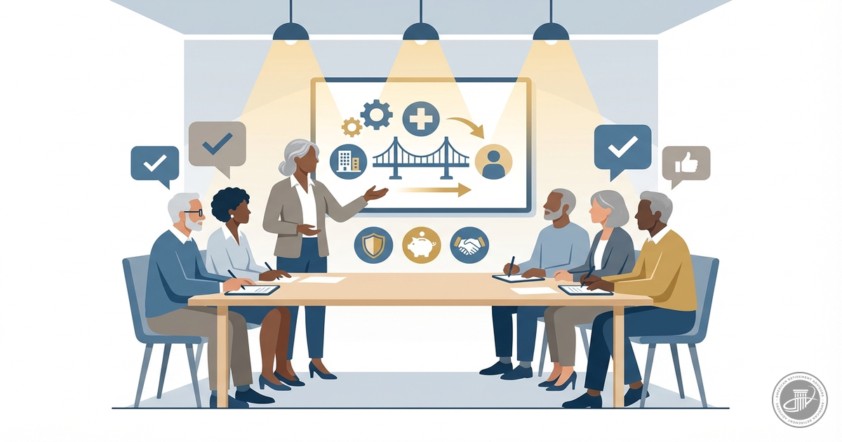Illustration of diverse mature adults in a conference room, with one person gesturing to a screen showing Medicare transition
