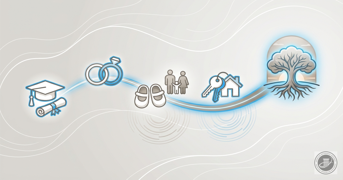 Stylized timeline illustration showing connected life icons (graduation, rings, family, house) on a warm gray and blue path, 