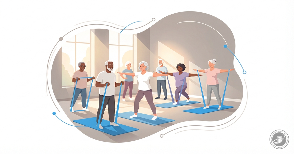 A stylized illustration of diverse smiling seniors exercising with resistance bands and yoga mats in a bright, modern communi