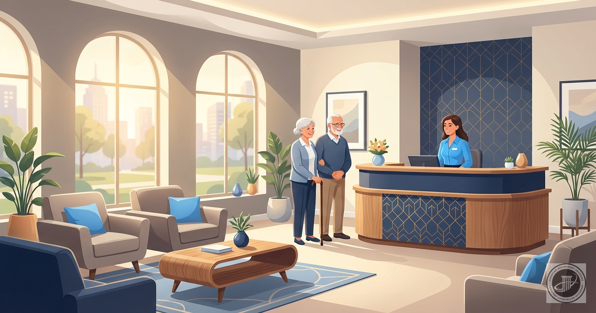 Clean illustration of a warm office reception area with a friendly receptionist greeting an elderly couple amidst plants and 