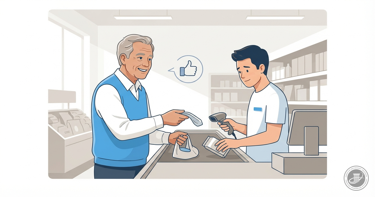 An illustration of a smiling man in his 60s helping a cashier in a grocery line, rendered in a clean, blue and gray infograph