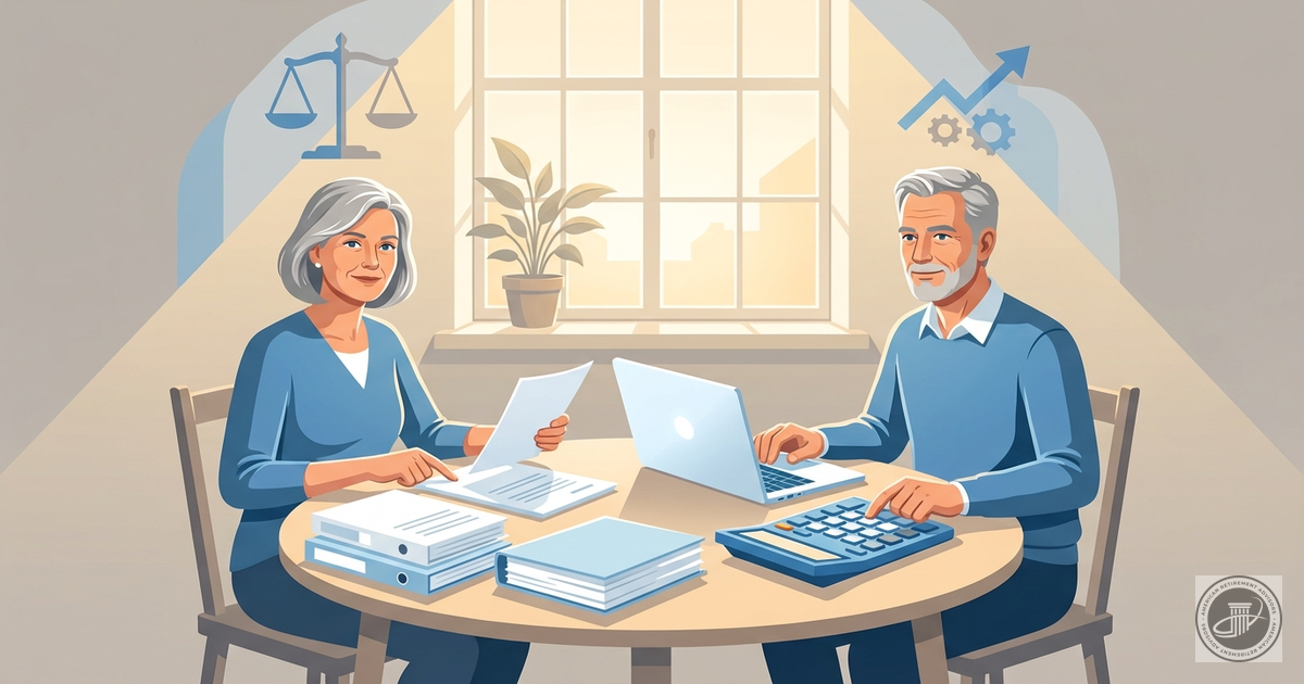 A professional infographic illustration of a mature couple reviewing finances at a sunlit table, conveying control over retir