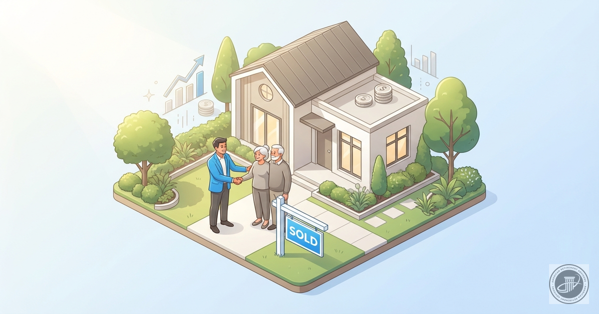 An isometric 3D illustration of a real estate professional and a senior couple shaking hands in front of a smaller home with 