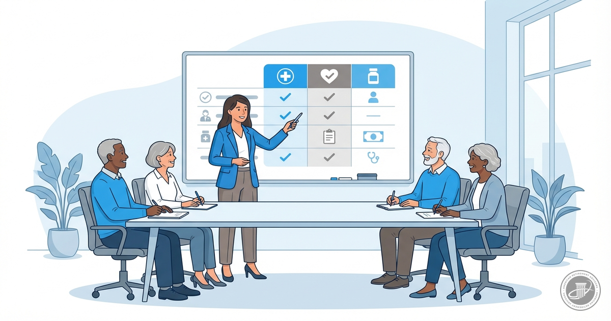 An illustration of a Medicare specialist presenting a clear plan comparison chart to engaged pre-retirees in a modern confere