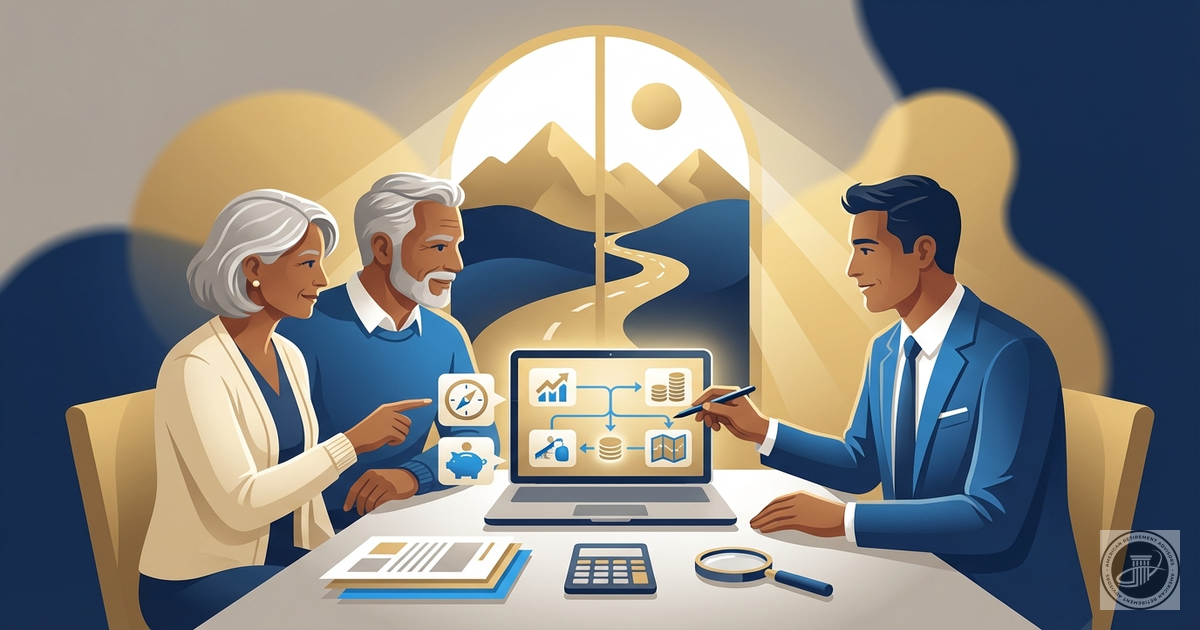 Illustrated professional image of a mature couple and a financial advisor discussing retirement plans over a stylized road ma
