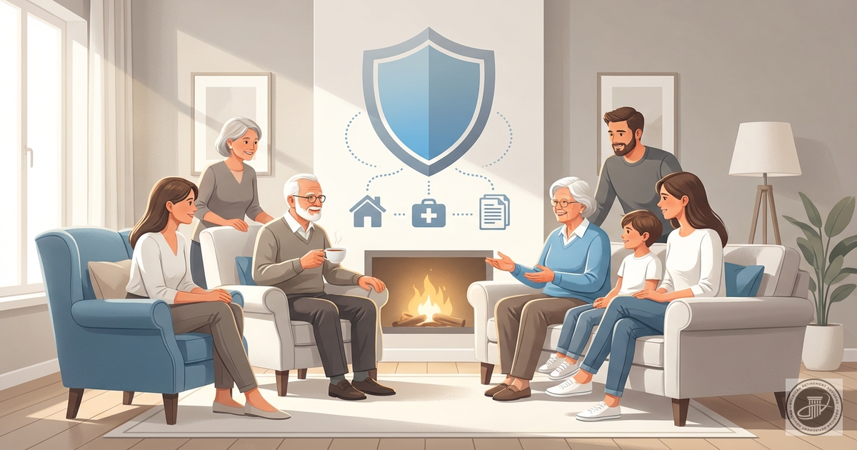 A multi-generational family of grandparents, parents, and adult children are sitting together in a living room, talking and s