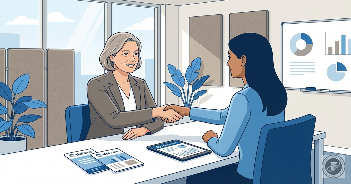 A smiling mature woman in a blazer shakes hands with a female advisor across a desk with Medicare booklets in a warm, sunlit 