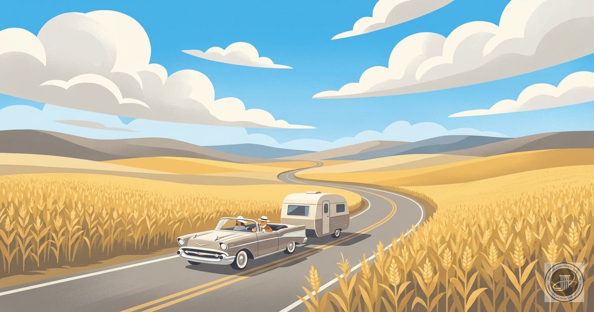 A modern illustration of a scenic highway winding through golden fields and rolling hills under a blue sky.