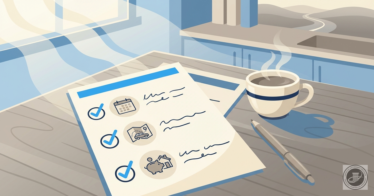 Infographic illustration of a cozy kitchen desk with a checklist, coffee cup, and morning light, symbolizing organized retire