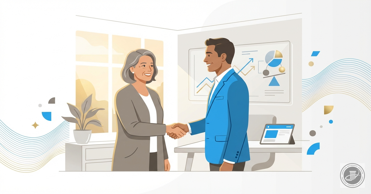 Illustration of a relieved woman shaking hands with an advisor in a bright office, symbolizing a resolved retirement plan.