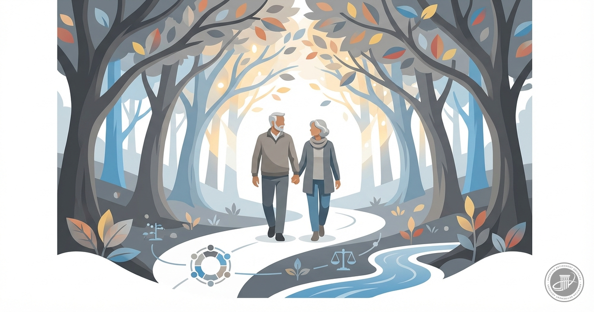 Illustration of a mature couple walking through stylized autumn trees in warm grays and blues, with subtle infographic elemen