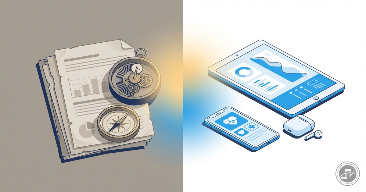A split-screen infographic illustration shows analog items on the left and digital devices on the right, bridged by warm ligh