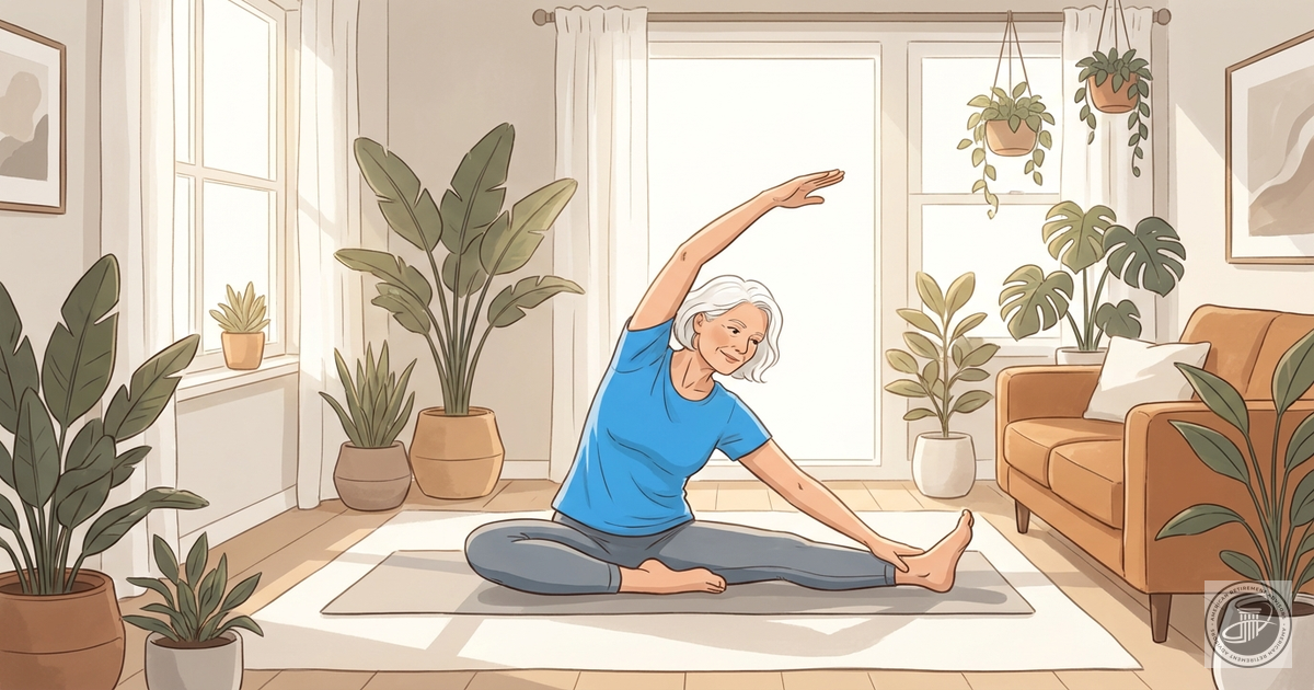 Active senior woman doing gentle stretches in a sunny, plant-filled living room illustration.