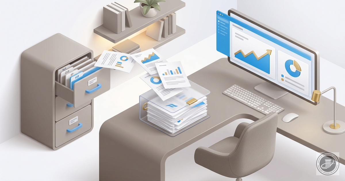 Isometric 3D illustration showing scattered financial papers being gathered into a single organizer in a modern advisor's off