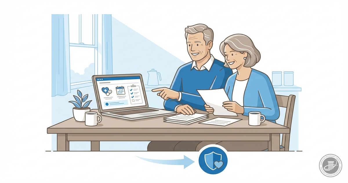 Illustrated mature couple confidently reviewing Medicare documents and laptop at a sunlit table, symbolizing informed retirem