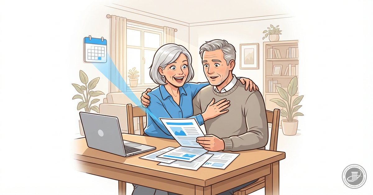Infographic illustration of a joyful mature couple embracing at home with financial papers.