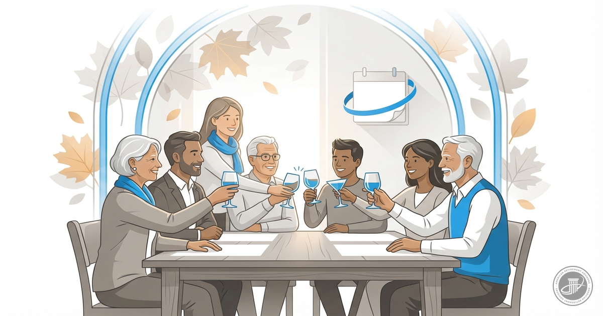 Multi-generational family toasting with blue-accented glasses at an autumn gathering, stylized as a clean, modern illustratio